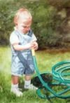 Watercolor painting of baby holding garden hose