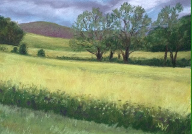 Pastel painting field yellow flowers trees