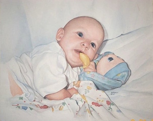 Watercolor painting of baby and Glo-Worm