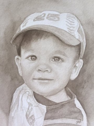 Watercolor painting of small boy in baseball hat