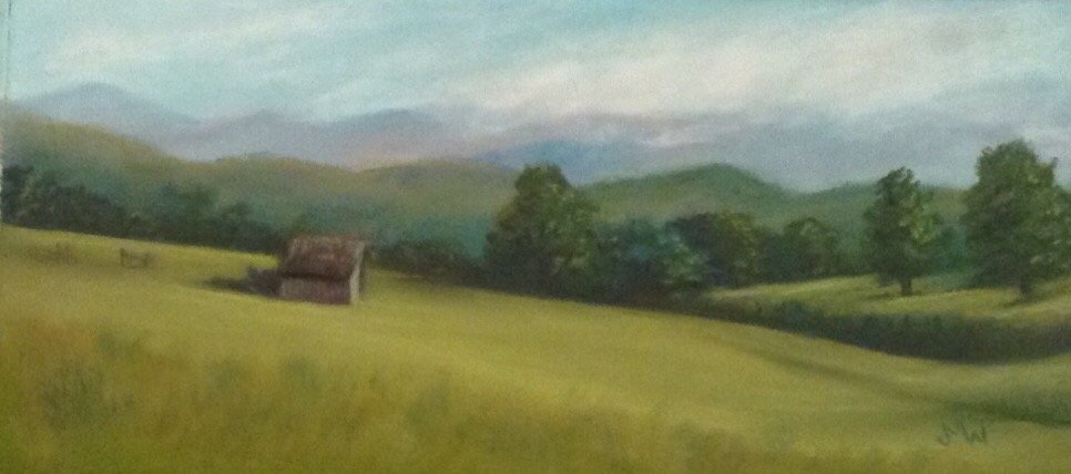 Pastel painting meadow barn