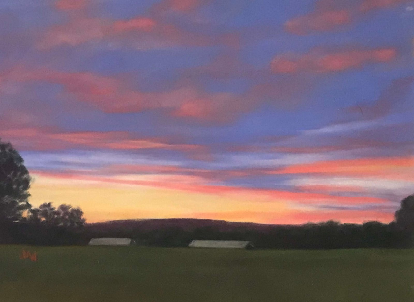 Pastel painting farm at sunset