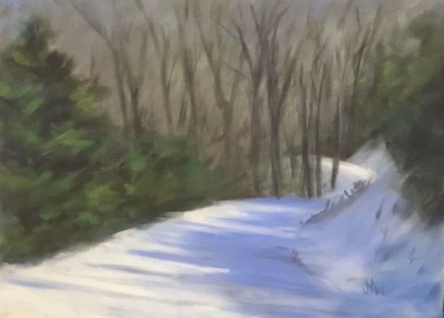 Pastel painting snowy road driveway