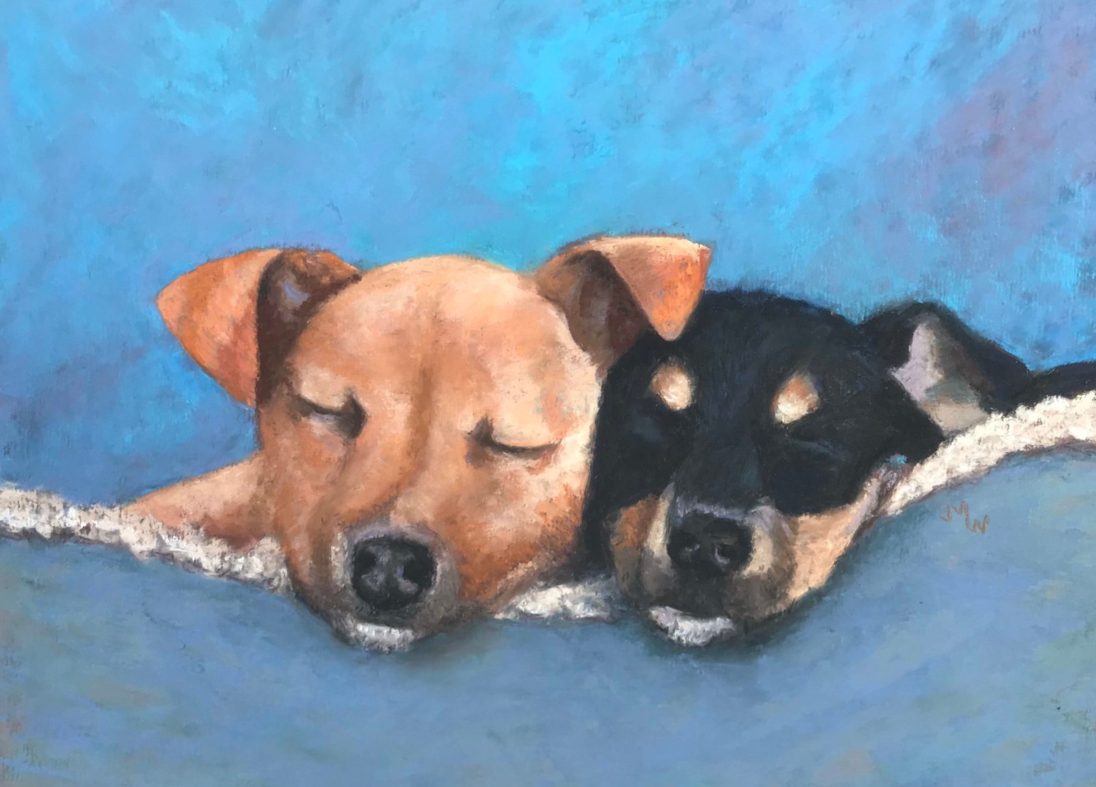 Pastel painting brown and black puppies