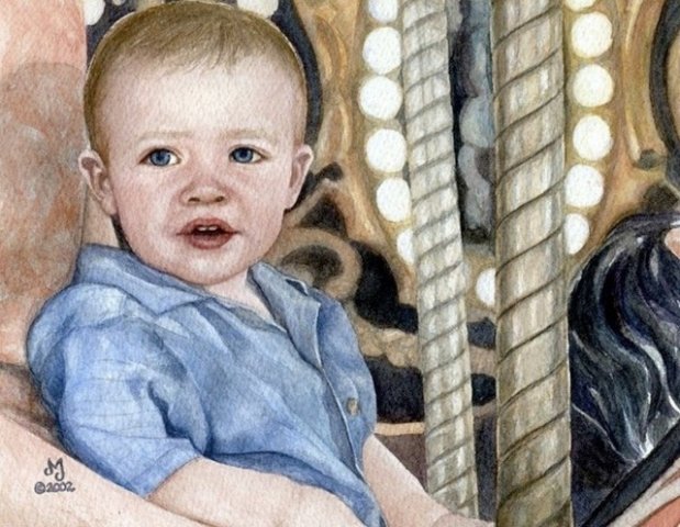 Watercolor painting of young boy riding the merry-go-round