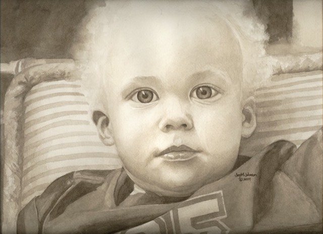 Watercolor painting of blond haired little boy