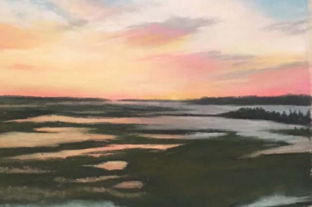 Pastel painting sunset Oak Island marsh
