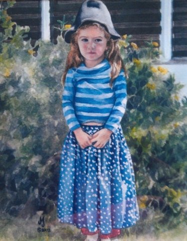 Watercolor painting of little girl playing dress up