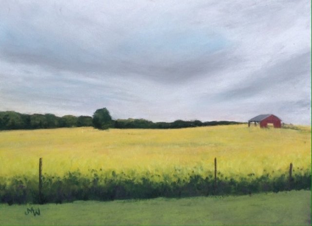 Pastel painting meadow yellow flowers red barn