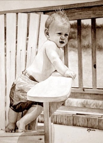 Watercolor painting of small boy in beach chair