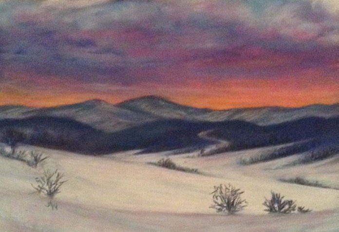 Pastel painting snowy mountain sunset