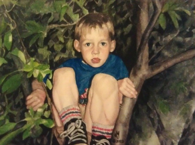 Watercolor painting of little boy sitting in tree