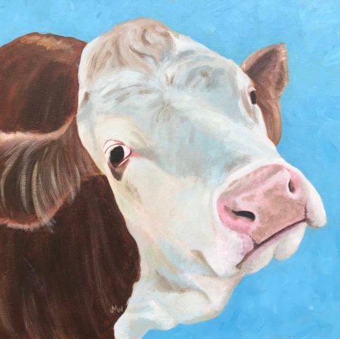Acrylic painting of brown and white cow