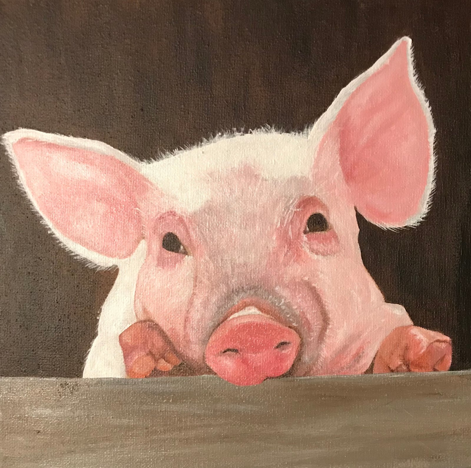 Acrylic painting of pink piglet looking over fence