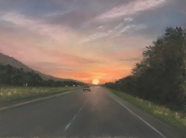Pastel painting highway at sunset
